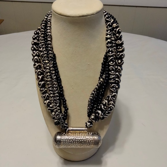Iris Apfel & Bajalia Silver Toned Metal & Black/White Chunky Statement Necklace
